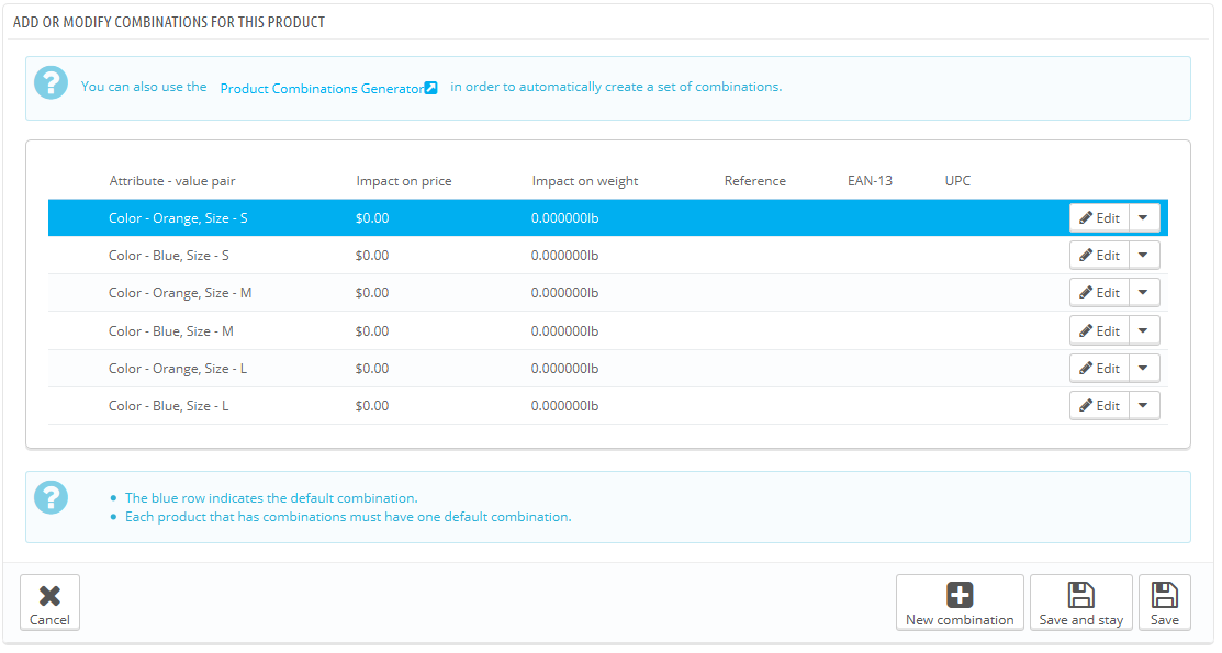 combinazioni prodotti prestashop
