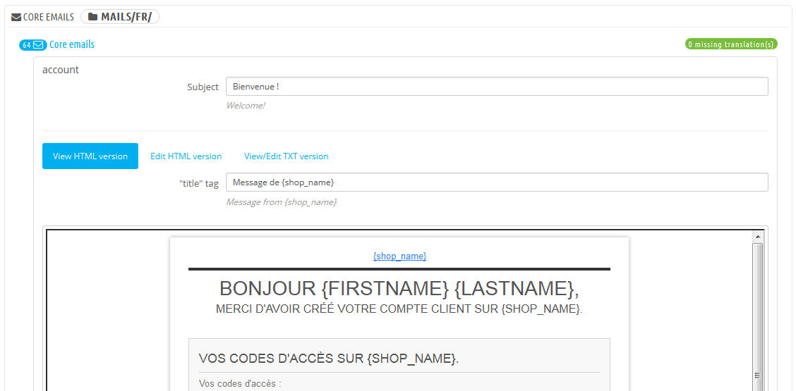 traduzioni email prestashop html