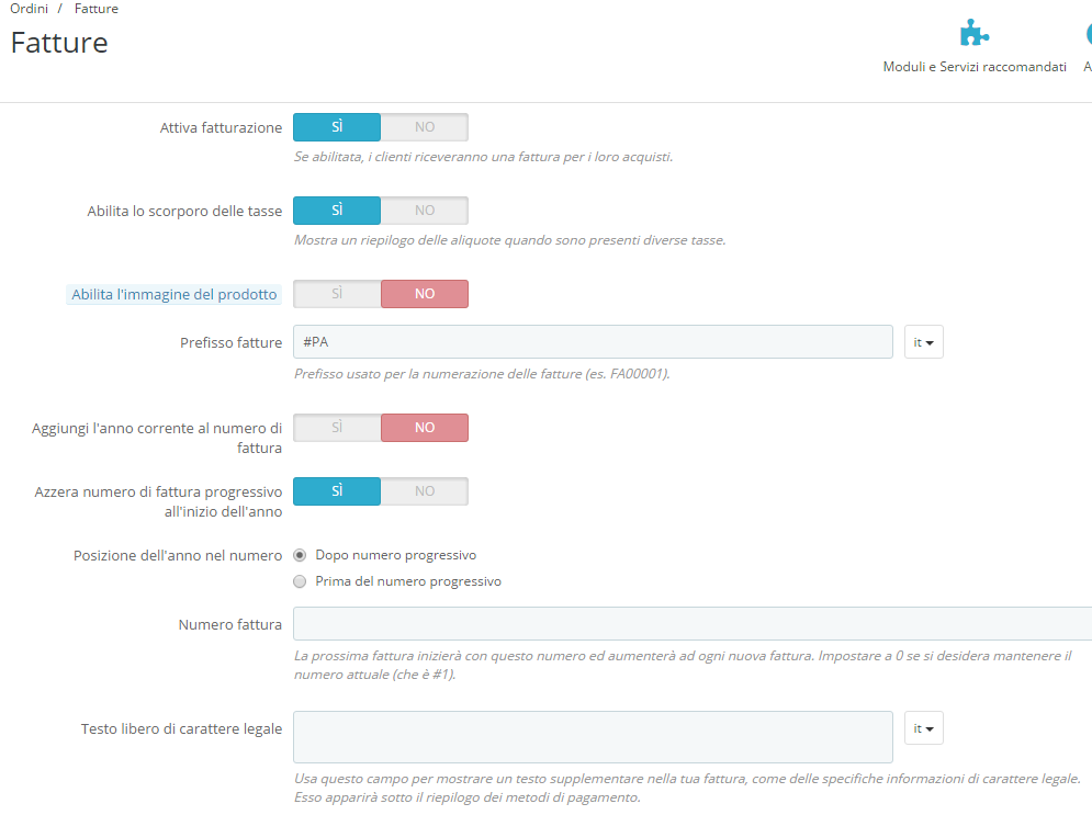attivare fatture prestashop