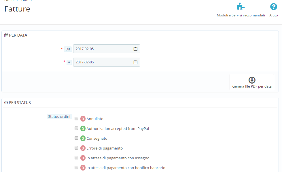 stampa fatture data status prestashop