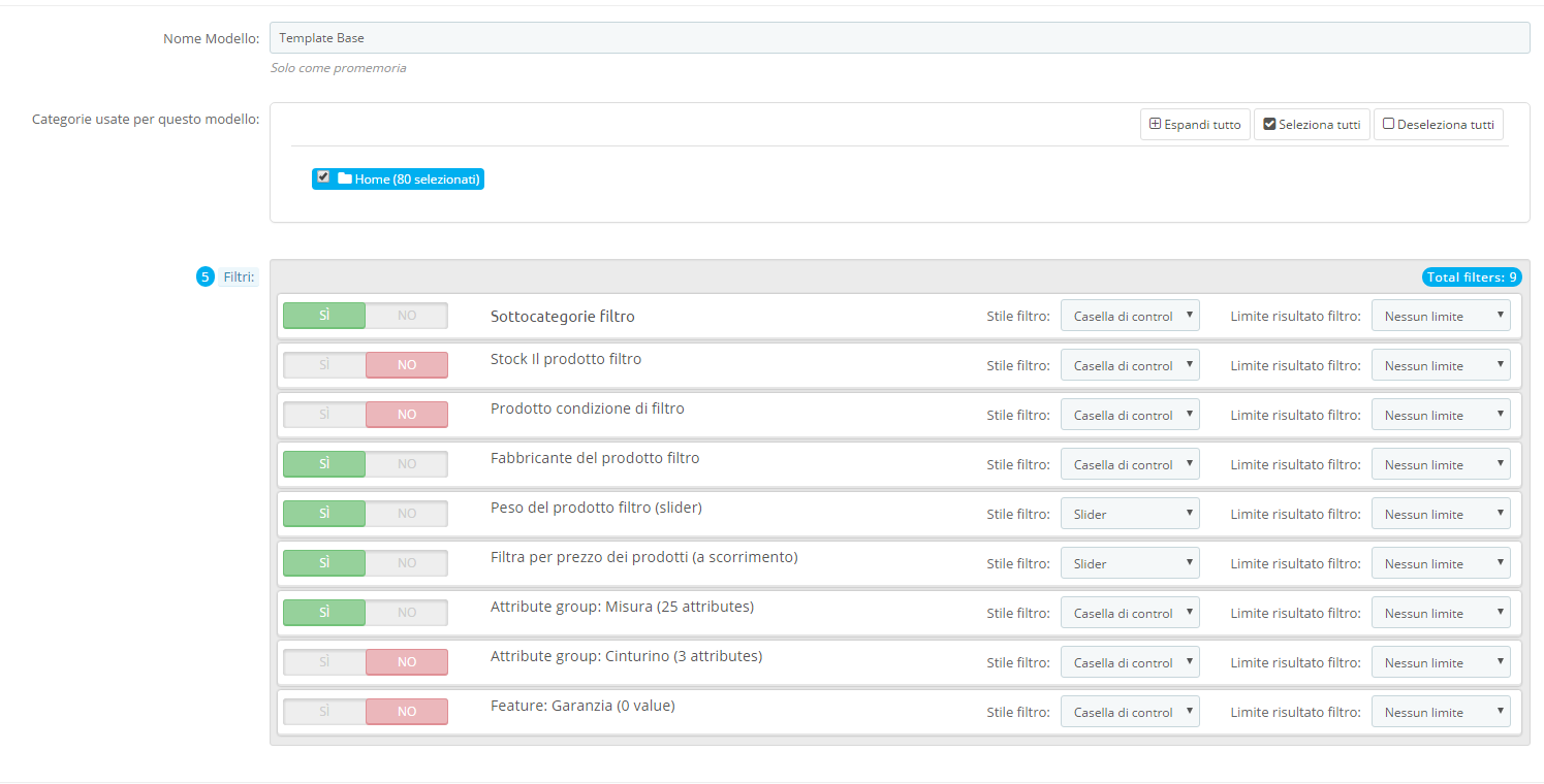 impostare filtri prestashop