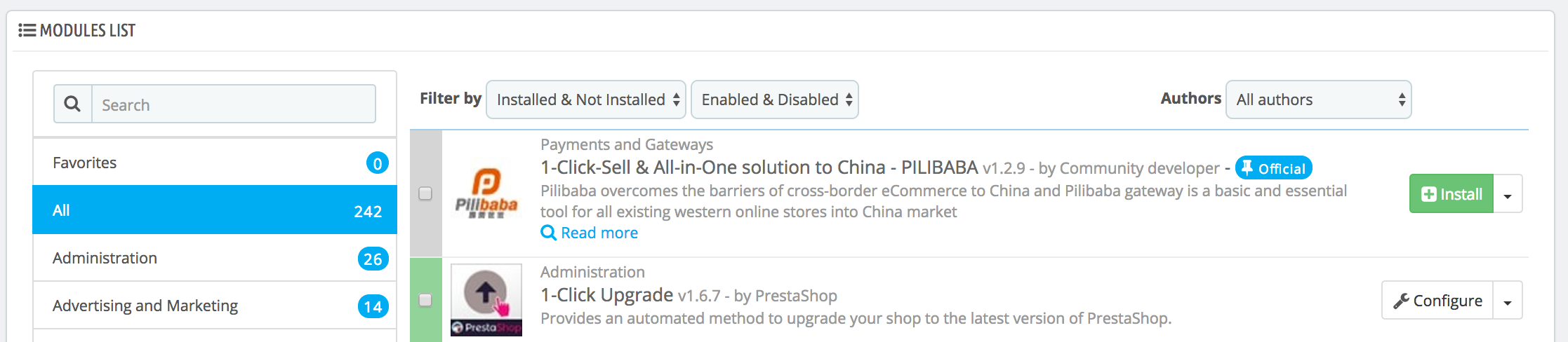 gestione moduli prestashop