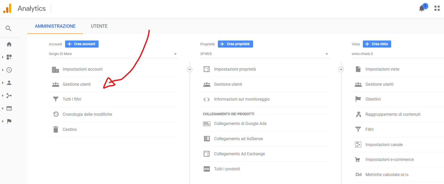 aggiungere utente account google analytics