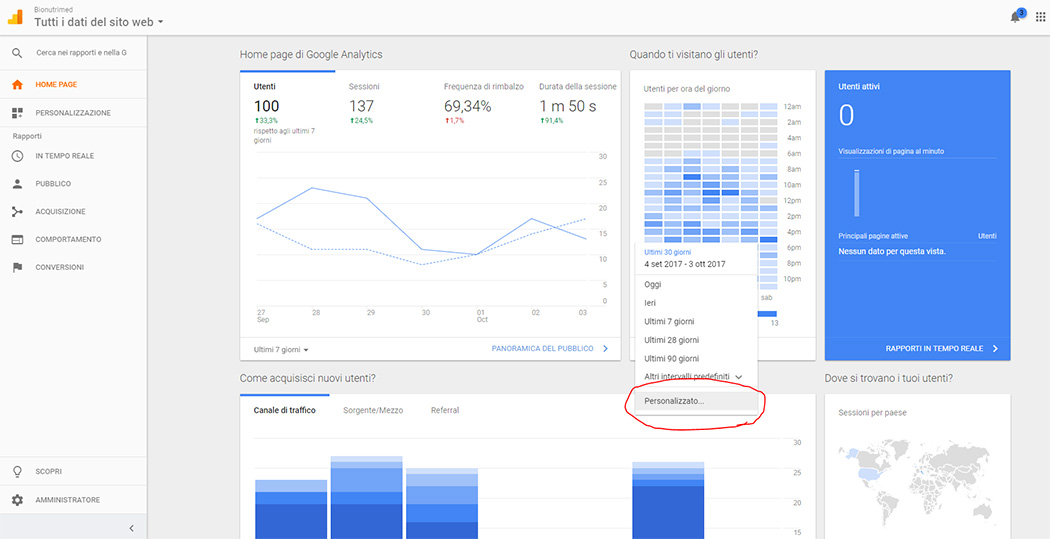 pannello principale google analytics periodo temporale statistiche guida