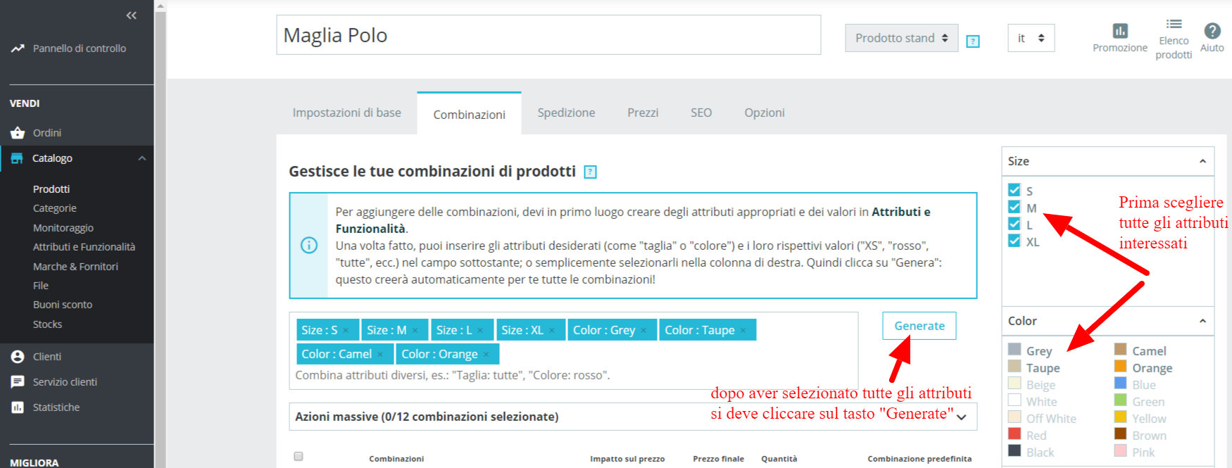 prestashop come creare le combinazioni di un prodotto