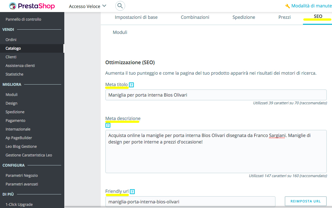 tab seo prodotti prestashop 17